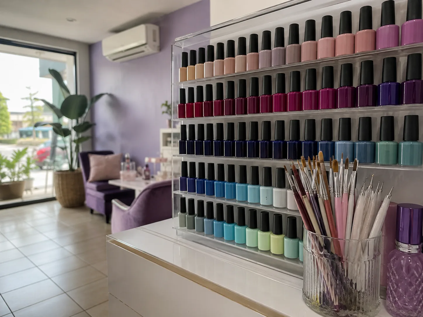 Rak berisi puluhan botol cat kuku tersusun berdasarkan gradasi warna, dengan kuas detail nail art di sampingnya.