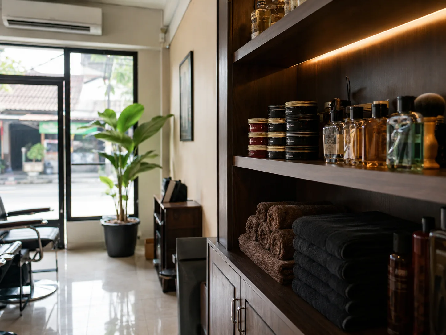 Rak kayu gelap di salon pria berisi pomade, botol aftershave, kuas cukur, dan tumpukan handuk gulung.