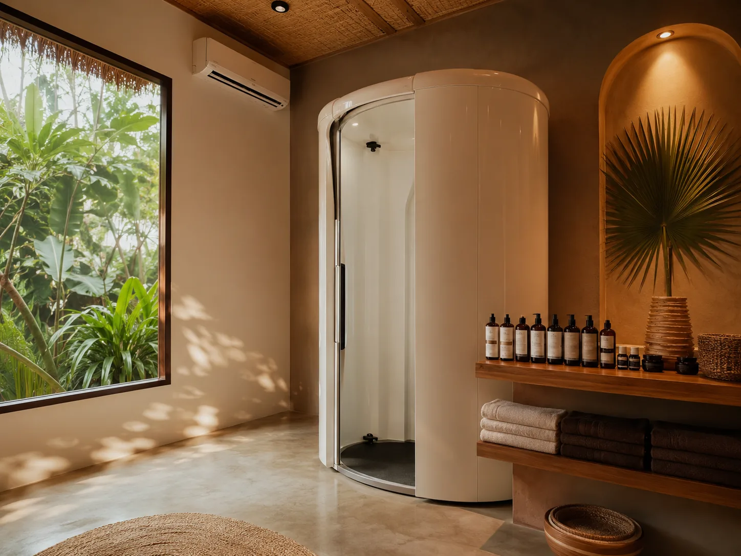 Ruang studio spray tan dengan booth putih melengkung, rak kayu berisi botol losion dan handuk lipat, serta dinding terakota dan langit-langit bambu khas Bali.