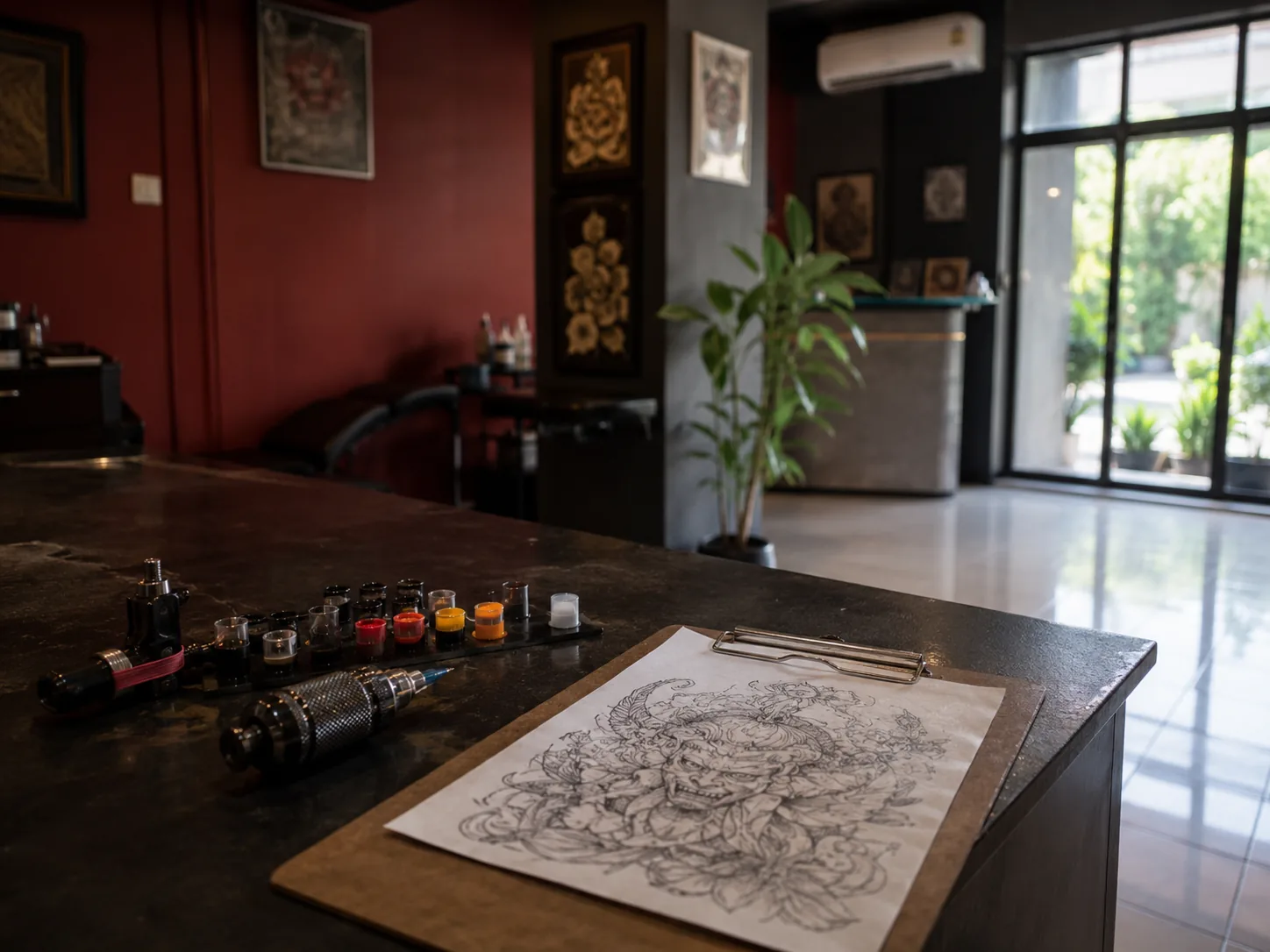 Meja kerja studio tato dengan mesin tato, wadah tinta warna, dan sketsa desain di atas papan jepit, dengan dinding merah dan karya seni berbingkai.