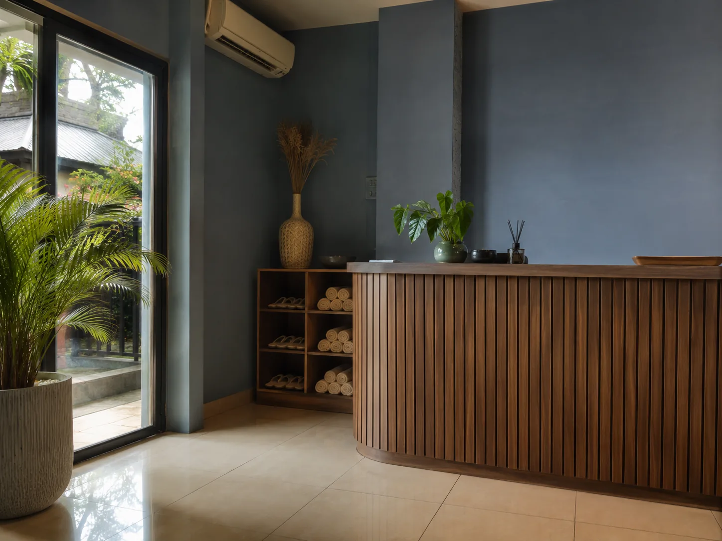 Meja resepsionis wellness center dari kayu dengan dinding biru abu, rak berisi handuk gulung dan sandal, serta tanaman hijau di sisi jendela.