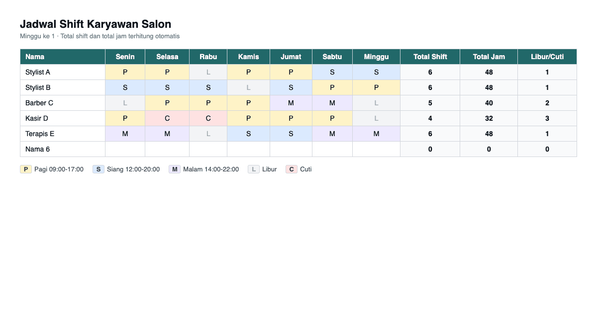Pratinjau Template Jadwal Shift Karyawan Salon (Excel)